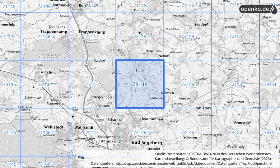 Übersichtskarte des KOSTRA-DWD-2020-Rasterfeldes Nr. 73148