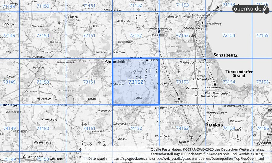 Übersichtskarte des KOSTRA-DWD-2020-Rasterfeldes Nr. 73152