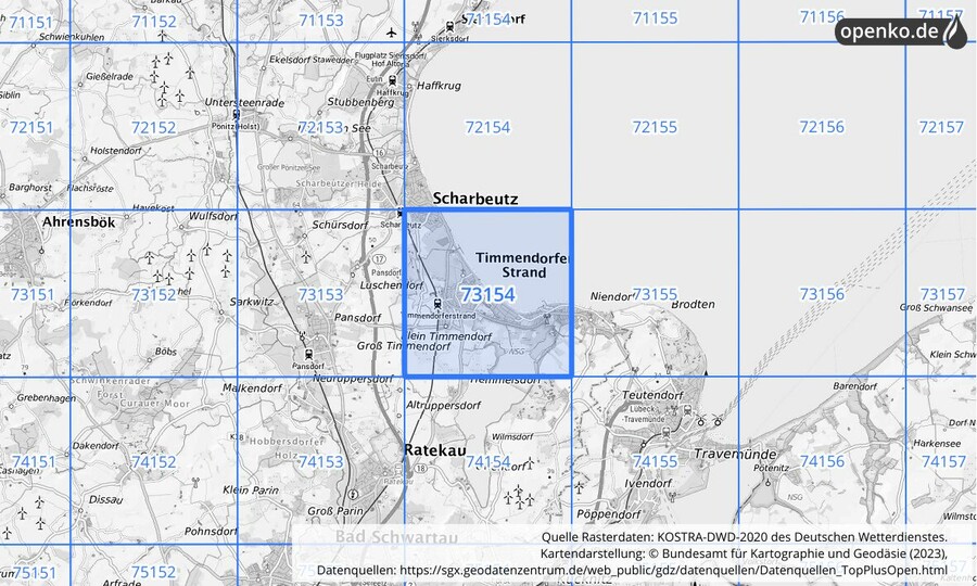 Übersichtskarte des KOSTRA-DWD-2020-Rasterfeldes Nr. 73154