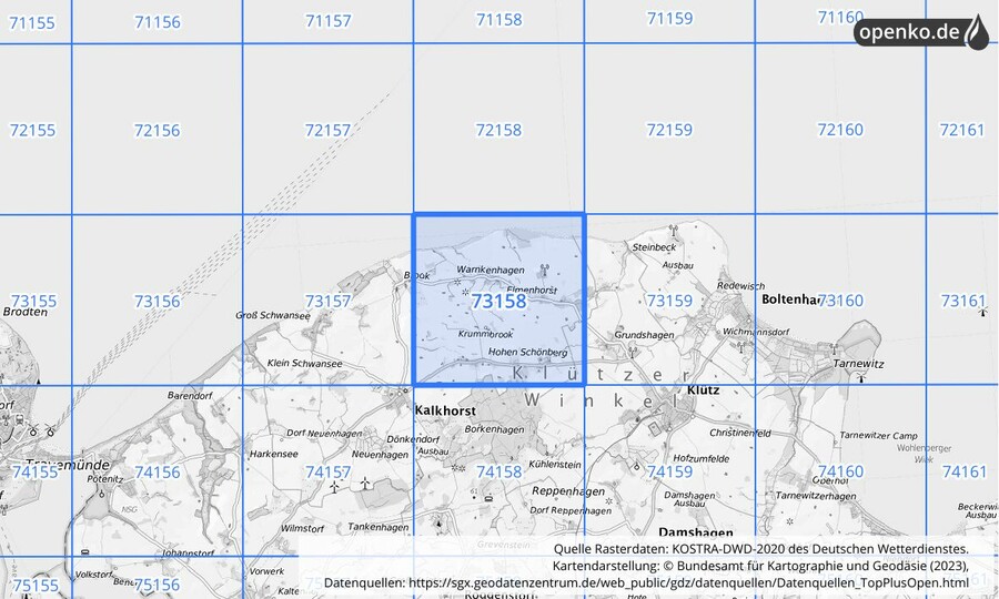 Übersichtskarte des KOSTRA-DWD-2020-Rasterfeldes Nr. 73158