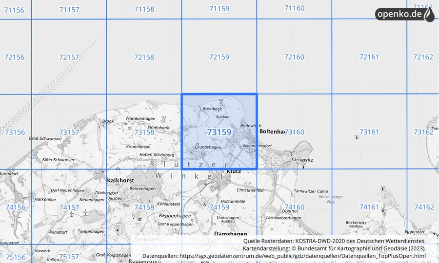 Übersichtskarte des KOSTRA-DWD-2020-Rasterfeldes Nr. 73159