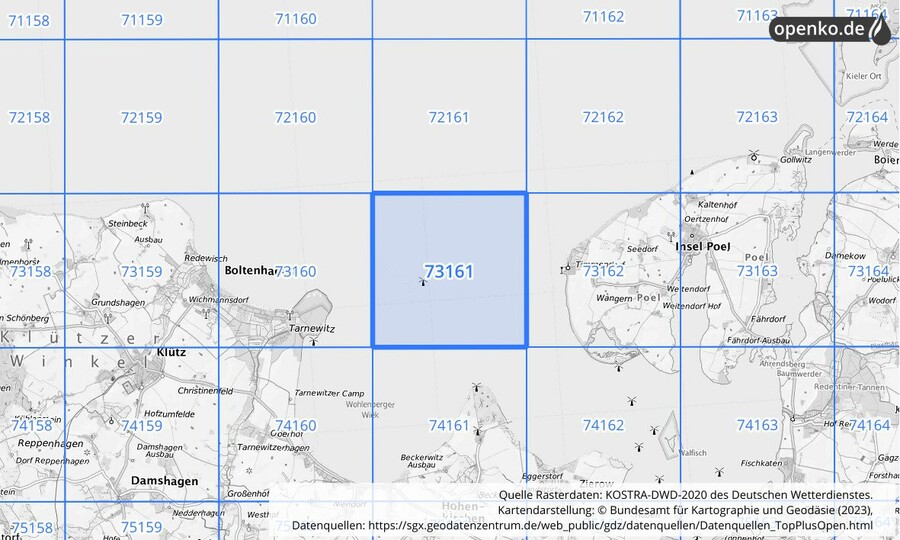 Übersichtskarte des KOSTRA-DWD-2020-Rasterfeldes Nr. 73161