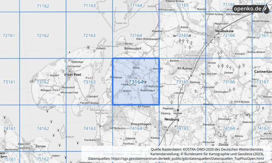 Übersichtskarte des KOSTRA-DWD-2020-Rasterfeldes Nr. 73164