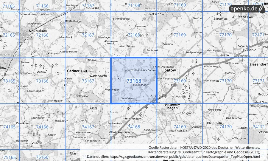 Übersichtskarte des KOSTRA-DWD-2020-Rasterfeldes Nr. 73168