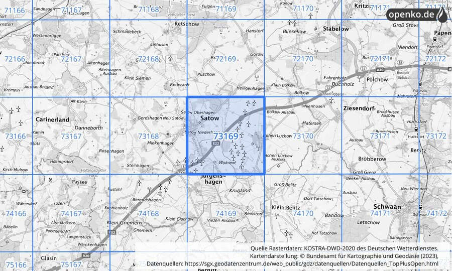 Übersichtskarte des KOSTRA-DWD-2020-Rasterfeldes Nr. 73169