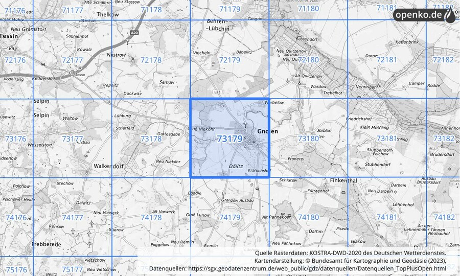 Übersichtskarte des KOSTRA-DWD-2020-Rasterfeldes Nr. 73179