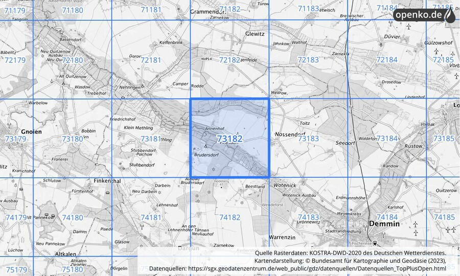 Übersichtskarte des KOSTRA-DWD-2020-Rasterfeldes Nr. 73182