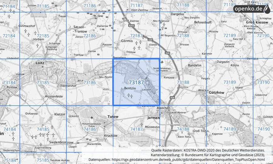 Übersichtskarte des KOSTRA-DWD-2020-Rasterfeldes Nr. 73187