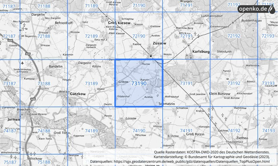 Übersichtskarte des KOSTRA-DWD-2020-Rasterfeldes Nr. 73190