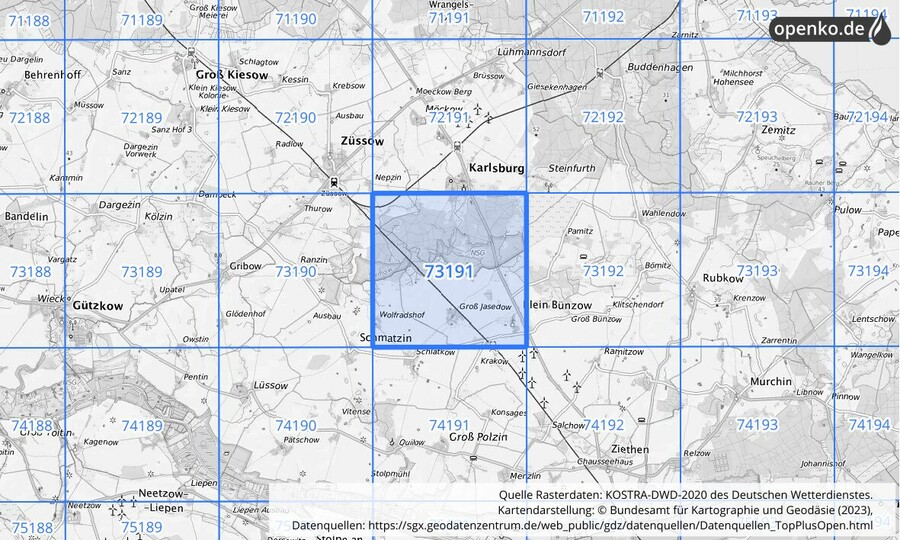 Übersichtskarte des KOSTRA-DWD-2020-Rasterfeldes Nr. 73191