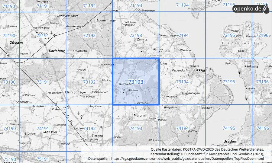 Übersichtskarte des KOSTRA-DWD-2020-Rasterfeldes Nr. 73193