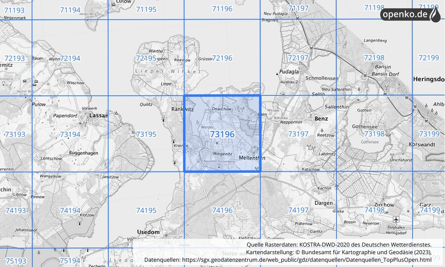 Übersichtskarte des KOSTRA-DWD-2020-Rasterfeldes Nr. 73196