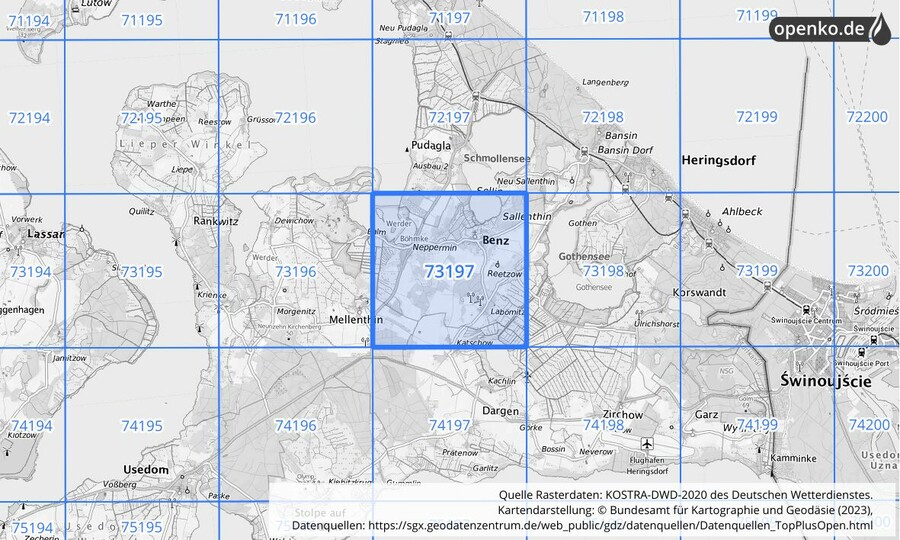 Übersichtskarte des KOSTRA-DWD-2020-Rasterfeldes Nr. 73197