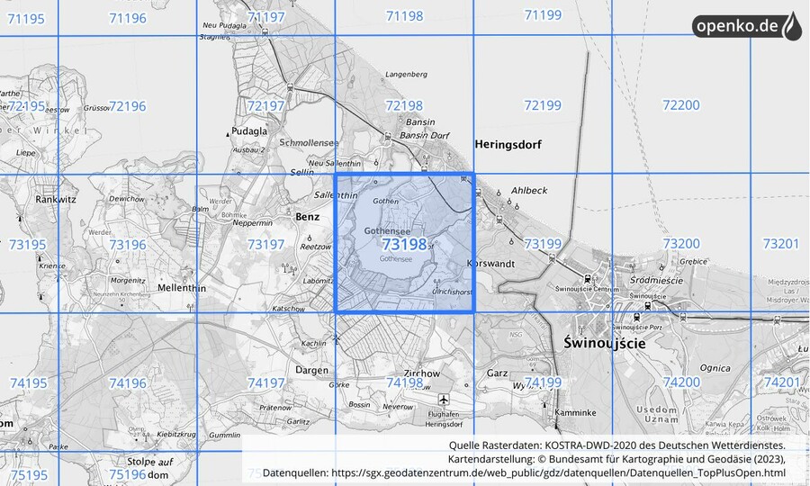 Übersichtskarte des KOSTRA-DWD-2020-Rasterfeldes Nr. 73198