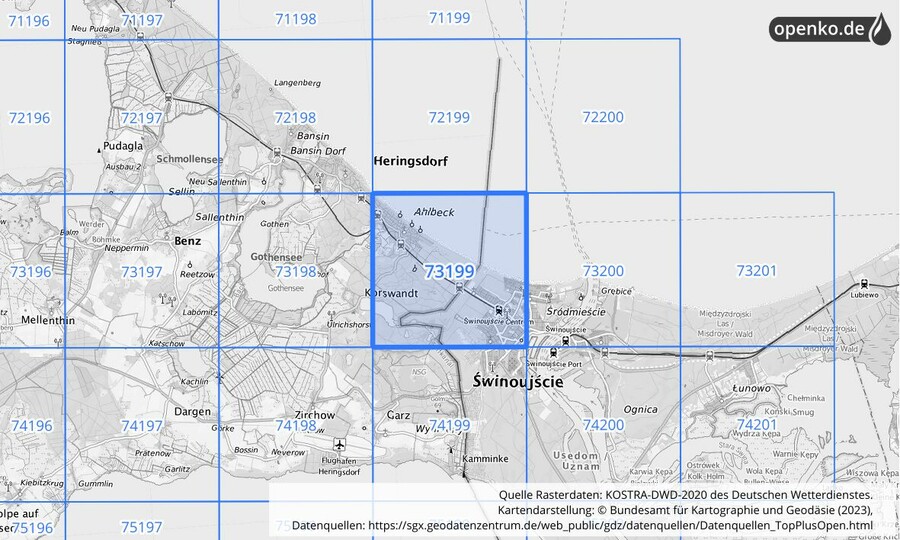 Übersichtskarte des KOSTRA-DWD-2020-Rasterfeldes Nr. 73199