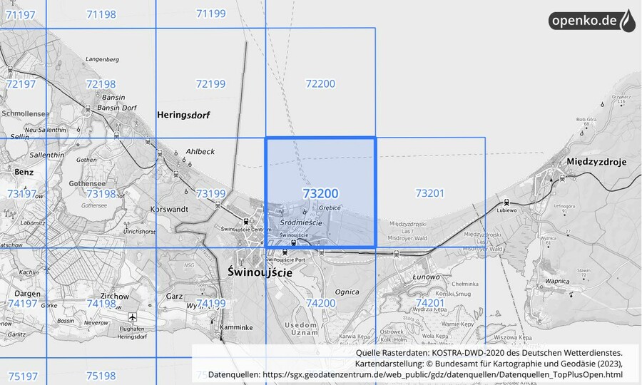 Übersichtskarte des KOSTRA-DWD-2020-Rasterfeldes Nr. 73200