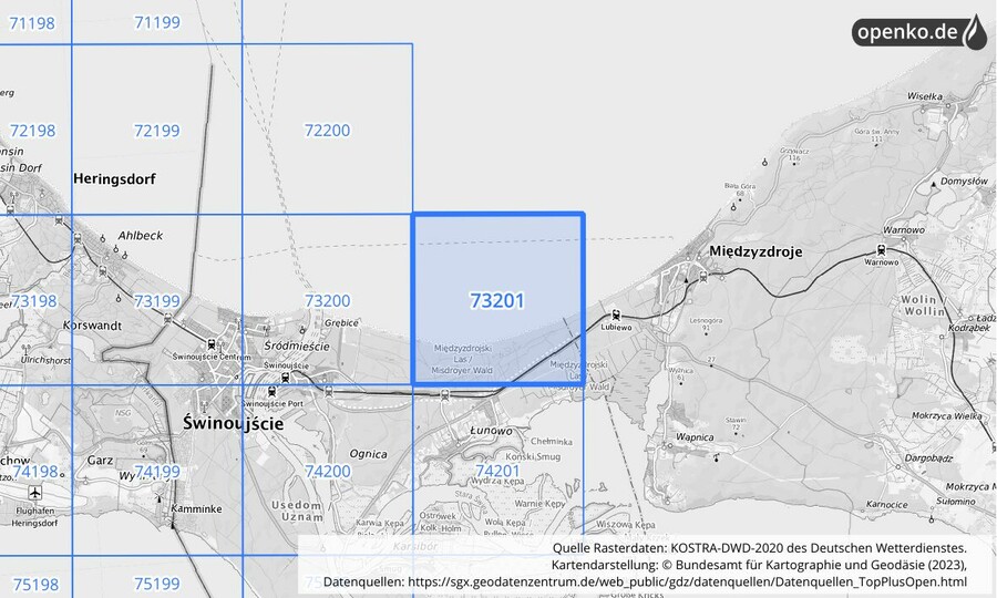 Übersichtskarte des KOSTRA-DWD-2020-Rasterfeldes Nr. 73201