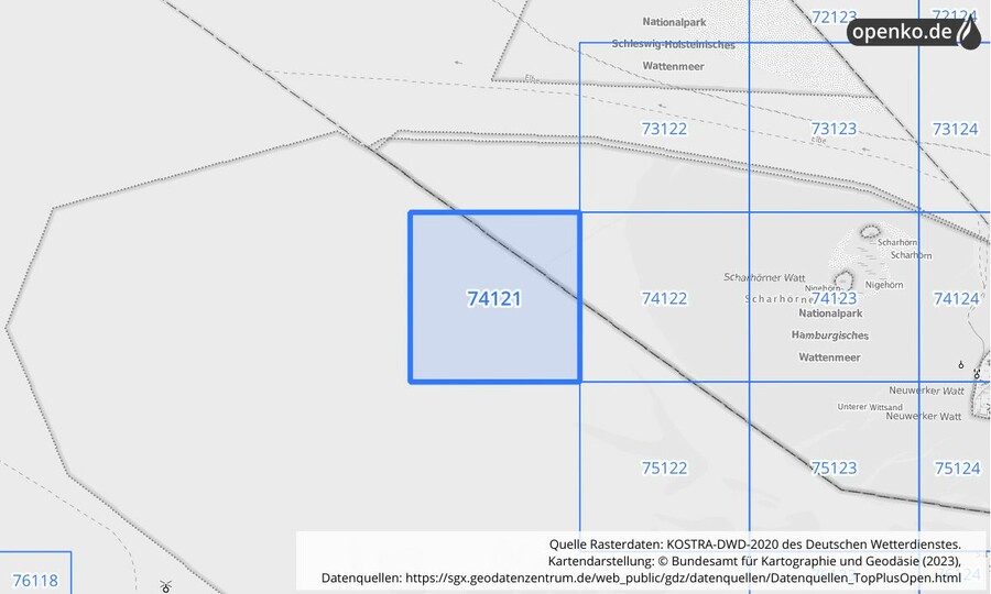 Übersichtskarte des KOSTRA-DWD-2020-Rasterfeldes Nr. 74121