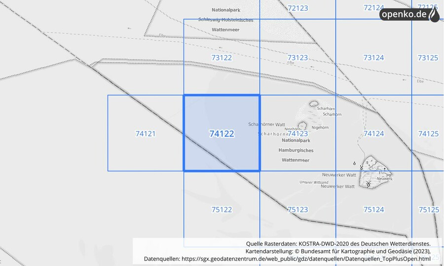 Übersichtskarte des KOSTRA-DWD-2020-Rasterfeldes Nr. 74122