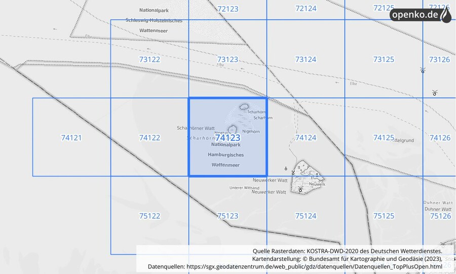 Übersichtskarte des KOSTRA-DWD-2020-Rasterfeldes Nr. 74123