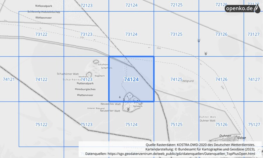 Übersichtskarte des KOSTRA-DWD-2020-Rasterfeldes Nr. 74124