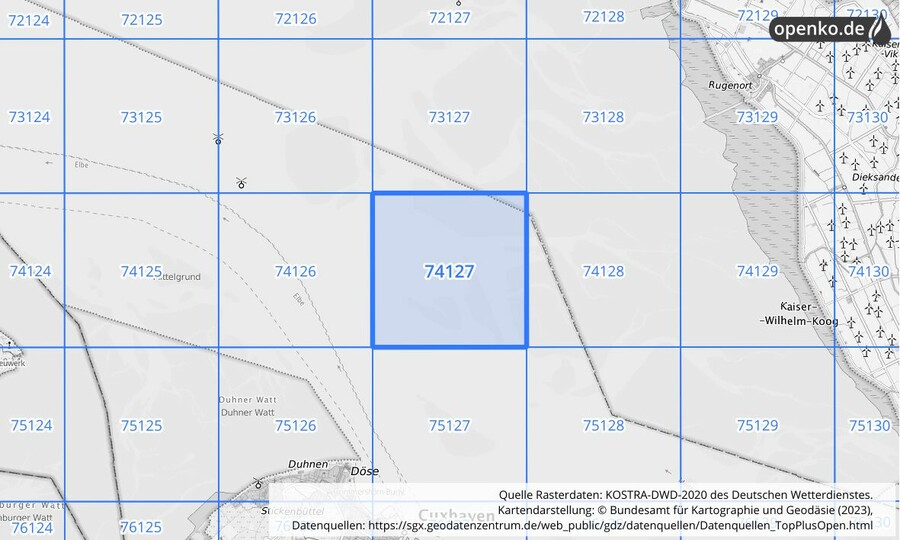 Übersichtskarte des KOSTRA-DWD-2020-Rasterfeldes Nr. 74127