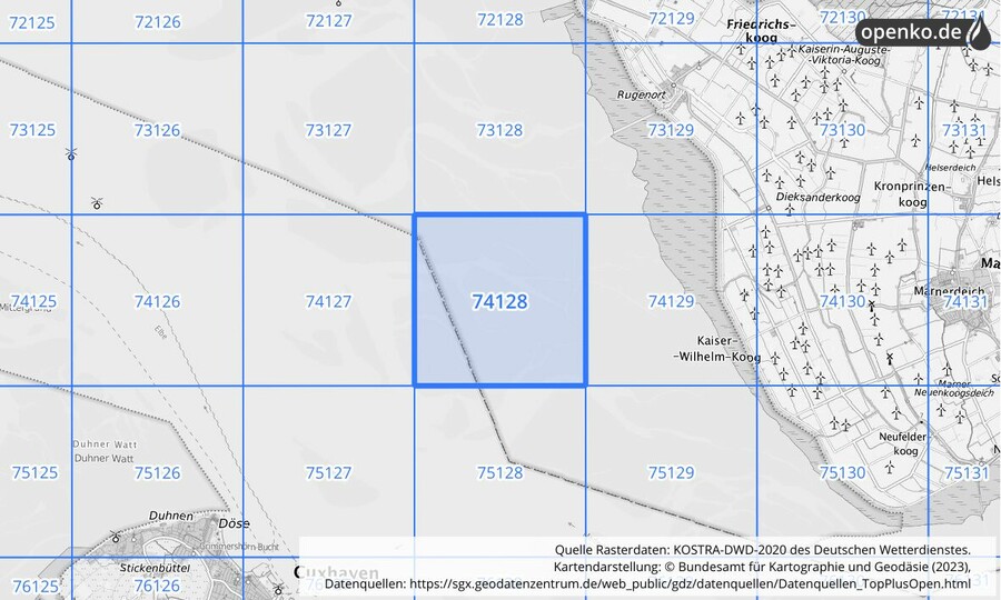 Übersichtskarte des KOSTRA-DWD-2020-Rasterfeldes Nr. 74128