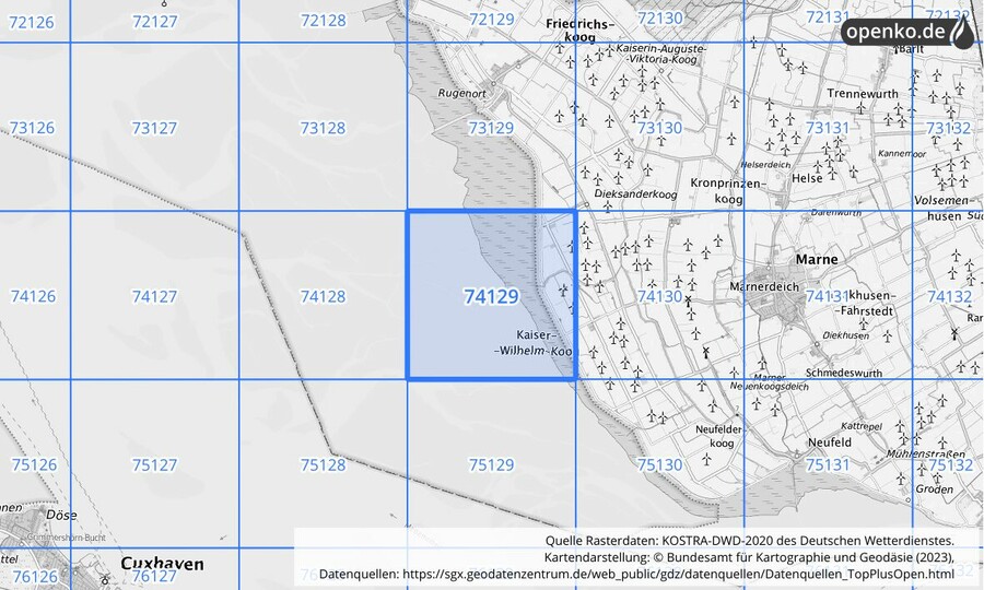 Übersichtskarte des KOSTRA-DWD-2020-Rasterfeldes Nr. 74129
