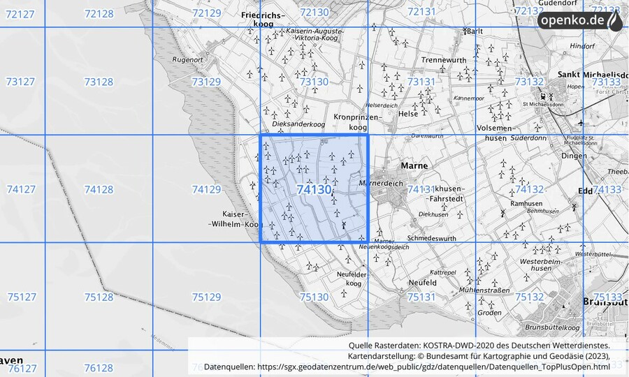 Übersichtskarte des KOSTRA-DWD-2020-Rasterfeldes Nr. 74130