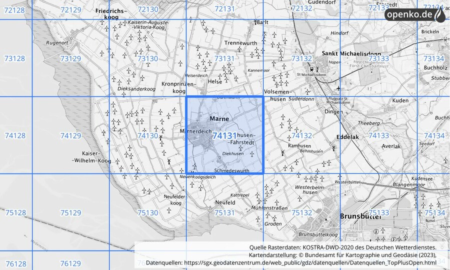 Übersichtskarte des KOSTRA-DWD-2020-Rasterfeldes Nr. 74131
