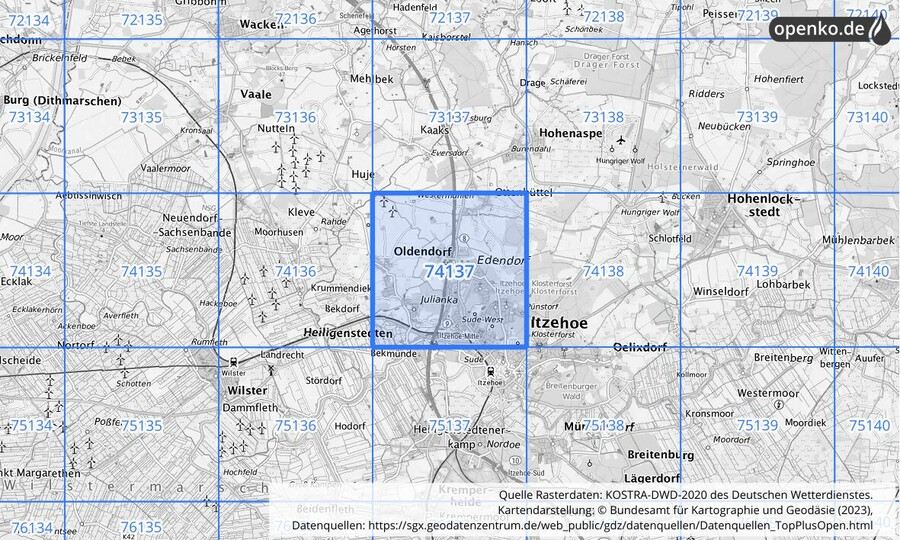 Übersichtskarte des KOSTRA-DWD-2020-Rasterfeldes Nr. 74137