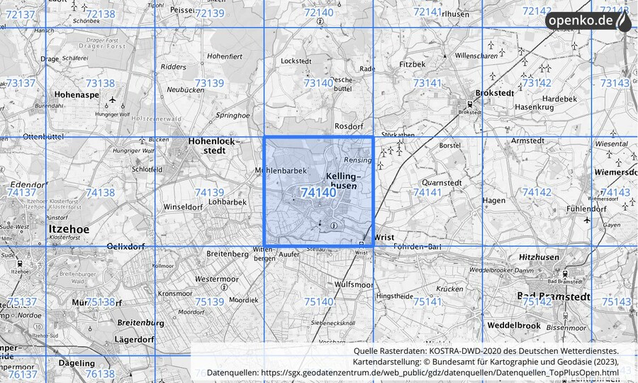 Übersichtskarte des KOSTRA-DWD-2020-Rasterfeldes Nr. 74140