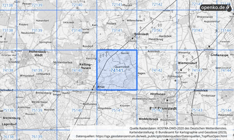 Übersichtskarte des KOSTRA-DWD-2020-Rasterfeldes Nr. 74141