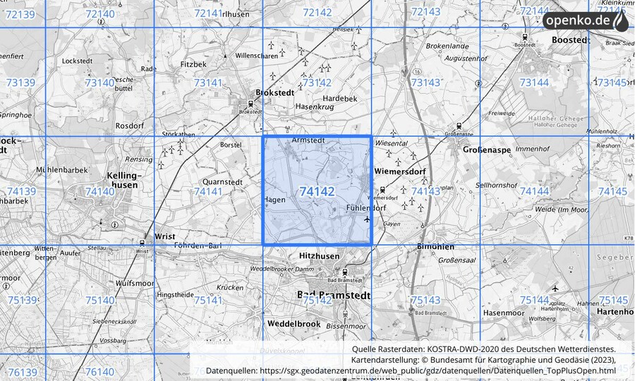 Übersichtskarte des KOSTRA-DWD-2020-Rasterfeldes Nr. 74142