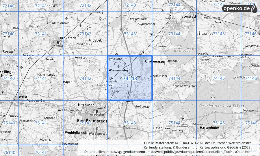 Übersichtskarte des KOSTRA-DWD-2020-Rasterfeldes Nr. 74143