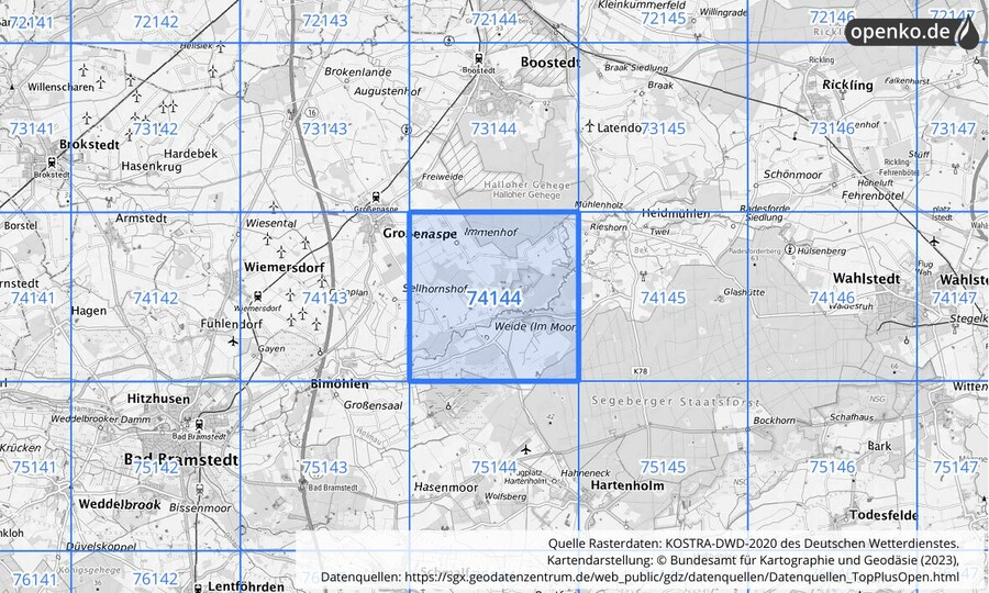 Übersichtskarte des KOSTRA-DWD-2020-Rasterfeldes Nr. 74144