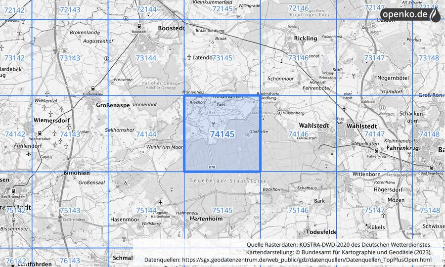 Übersichtskarte des KOSTRA-DWD-2020-Rasterfeldes Nr. 74145