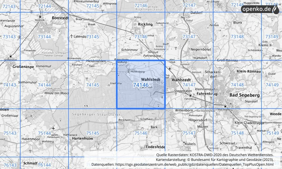 Übersichtskarte des KOSTRA-DWD-2020-Rasterfeldes Nr. 74146