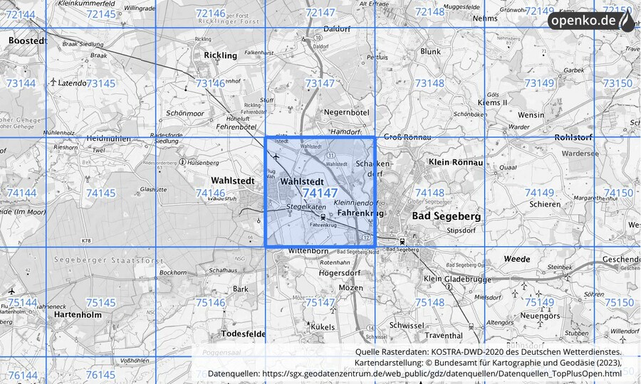 Übersichtskarte des KOSTRA-DWD-2020-Rasterfeldes Nr. 74147