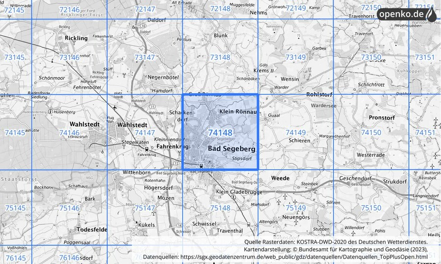Übersichtskarte des KOSTRA-DWD-2020-Rasterfeldes Nr. 74148