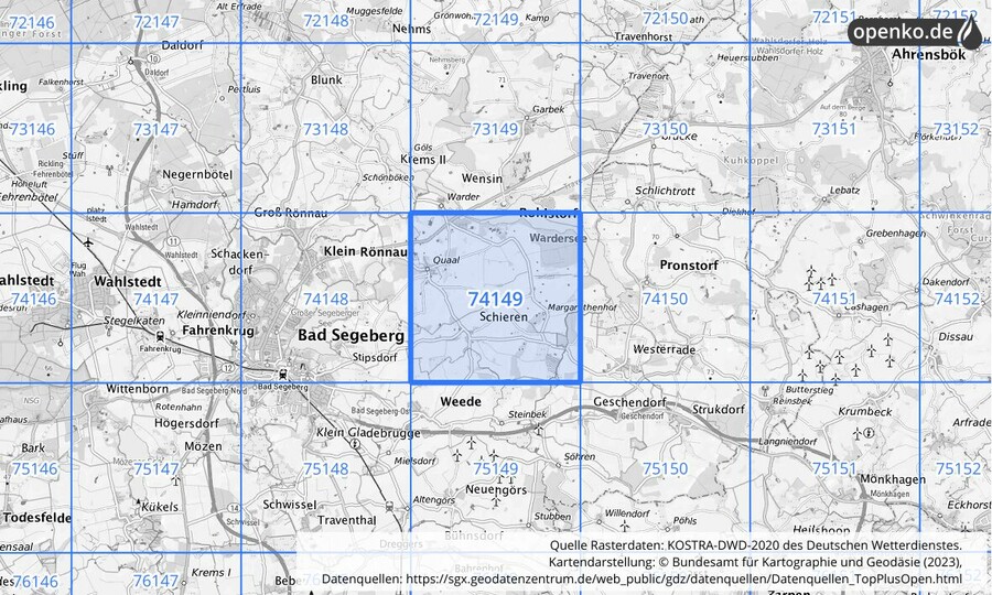Übersichtskarte des KOSTRA-DWD-2020-Rasterfeldes Nr. 74149