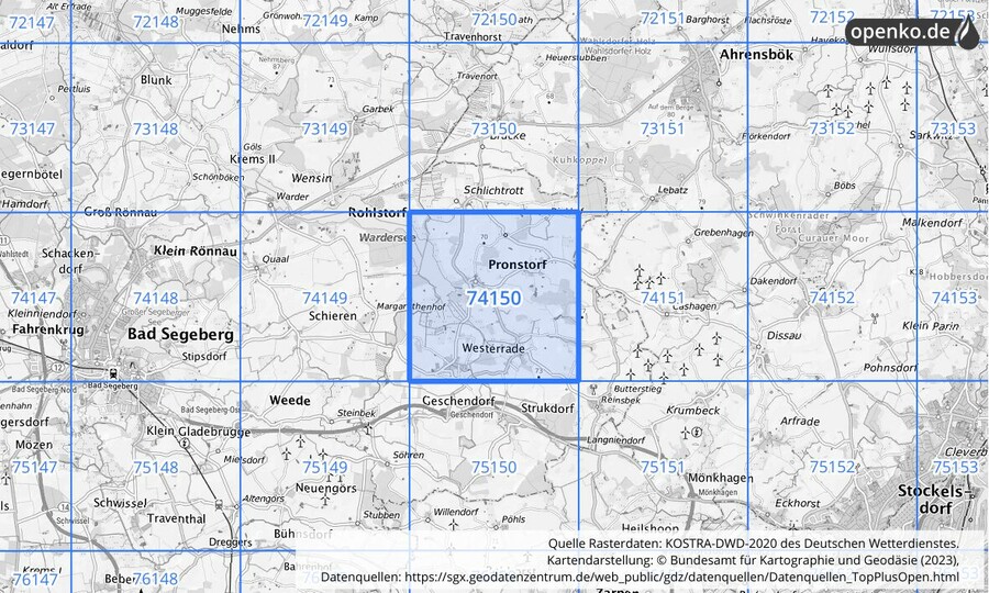 Übersichtskarte des KOSTRA-DWD-2020-Rasterfeldes Nr. 74150