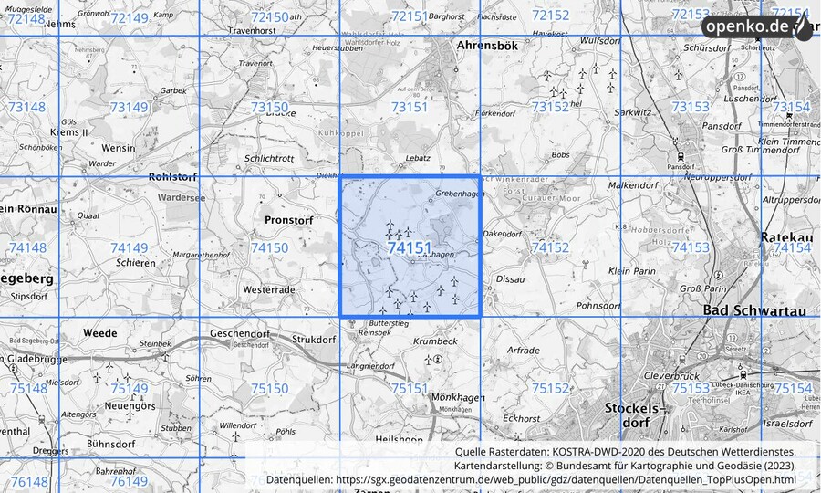 Übersichtskarte des KOSTRA-DWD-2020-Rasterfeldes Nr. 74151