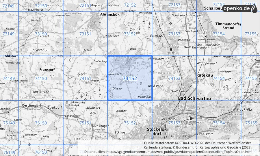 Übersichtskarte des KOSTRA-DWD-2020-Rasterfeldes Nr. 74152
