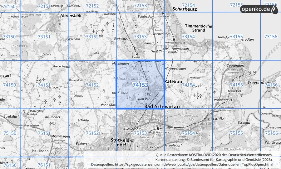 Übersichtskarte des KOSTRA-DWD-2020-Rasterfeldes Nr. 74153