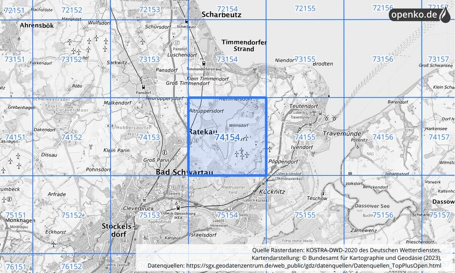 Übersichtskarte des KOSTRA-DWD-2020-Rasterfeldes Nr. 74154