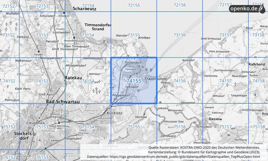 Übersichtskarte des KOSTRA-DWD-2020-Rasterfeldes Nr. 74155