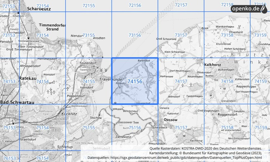 Übersichtskarte des KOSTRA-DWD-2020-Rasterfeldes Nr. 74156