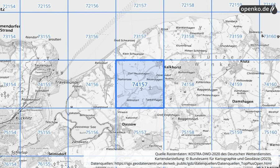 Übersichtskarte des KOSTRA-DWD-2020-Rasterfeldes Nr. 74157