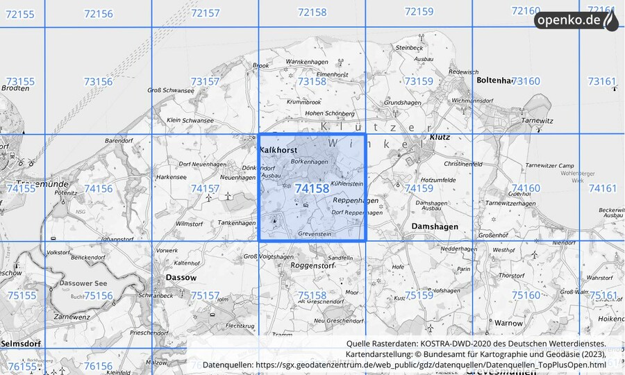 Übersichtskarte des KOSTRA-DWD-2020-Rasterfeldes Nr. 74158